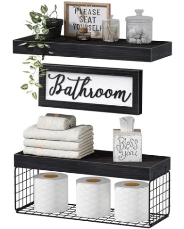 QEEIG ‎Bathroom Shelves Over Toilet - Paper Storage Wall Mounted Farmhouse Decor Decorations Aesthetic Décor Sign Small Floating Shelf 2+1 Set 16 inch, Black (020B)