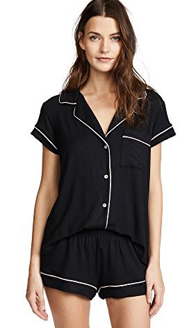 Eberjey Gisele Classic Women's Pajama Set | Short Sleeve Button Down Shirt w Front Pocket, Shorts w Elastic Waist (Small, Black/Sorbet Pink)