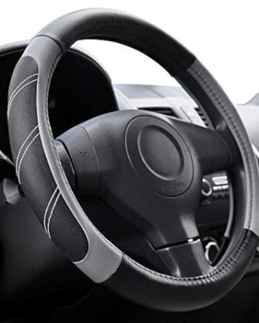 Elantrip Leather Large Steering Wheel Cover 15 1/2 to 16 inch Soft Grip Breathable for Car Truck SUV Jeep Anti Slip Black and Gray
