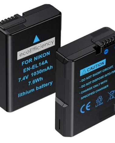 ecoEfficiency 2-Pack of EN-EL14, EN-EL14A Batteries for Nikon D3500, D3100, D3200, D3300, D3400, D5100, D5200, D5300, D5500, D5600, DF, Coolpix P7000, P7100, P7700, P7800 DSLR Cameras