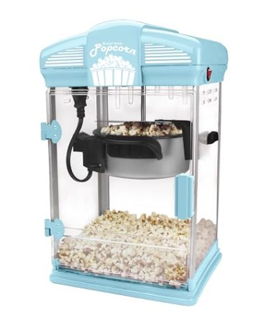 West Bend Stir Crazy Movie Theater Popcorn Popper, Gourmet Popcorn Maker Machine with Nonstick Popcorn Kettle, Measuring Tool and Popcorn Scoop for Popcorn Machine, 4 Qt., Blue