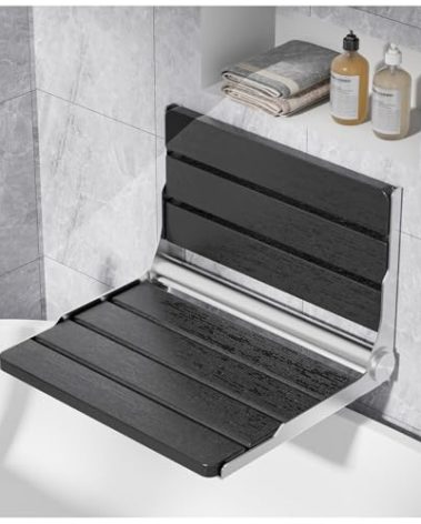 AKIMRABY Folding Shower Seat Wall Mounted, 15" Folding Shower Bench for Elderly, Disabled, Pregnant, Foldable Shower Chair for Small Bathroom, 400 lbs Capacity, Space-Saving Design - Black