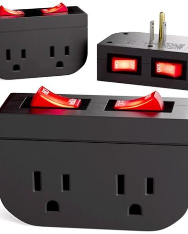3Pack - POWAWINI Grounded Outlet with Double On Off Switch, Two Port Electrical Outlet Plug Switch, Wall Tap Adapter with Daul Red Indicator, 1875W,15A, ETL Listed (Black)