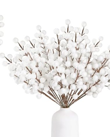 Sggvecsy 30 Pack Snow Frosted Artificial White Berry Stems 8.9inch Snowy Christmas Red Spray Picks Holly Berry Branches for Christmas Tree Decoration DIY Crafts Xmas Ornaments Home Decor (White)