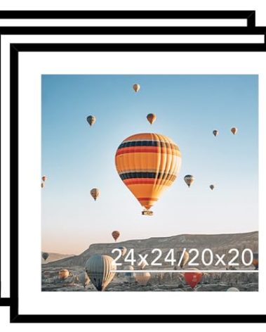 JCJMY 24x24 Picture Frame Set of 3 Black with 20x20 Mat, Display Photo 20x20 with Mat or 24 x 24 Without Mat, Wall Hanging Large 24x24 Poster Frame with Shatter Resistant Plexiglass, 3 Pack, Black