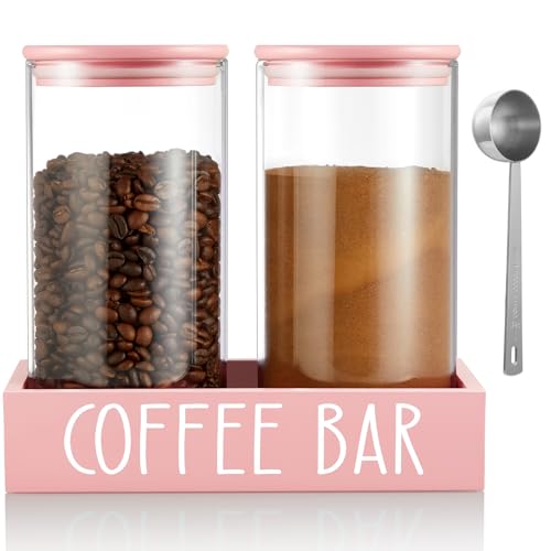 Pink Coffee Canister for Ground Coffee - 2 Pack 45oz Glass Coffee and Sugar Container Set with Airtight Lids and Tray - Pink Coffee Bean Storage Jars for Coffee Bar Kitchen Decor and Accessories