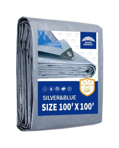 RAINDEWAY Large Tarps 100x100 Feet, 5.5 Mil - Multipurpose Waterproof Poly Tarp Cover with Metal Grommets and Reinforced Edges, Silver/Blue
