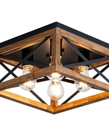 Farmhouse Ceiling Light, 4-Light Flush Mount Ceiling Light with Black Metal and Wood, Rustic Light Fixture for Hallway, Entryway, Kitchen