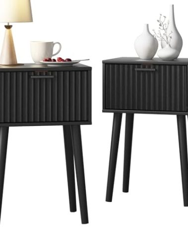 LAATOOREE Nightstands Set of 2, Small Side Table, Bedside Table with Fluted Door, Solid Wood Feet; Modern Mid-Century End Table for Bedroom, Small Space (Black)