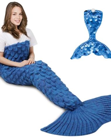 AmyHomie Mermaid Tail Blanket for Adults, Crochet Mermaid Blanket for Women Soft All Seasons Sleeping Blankets for Teen Girls (ScaleBlue,Adults)