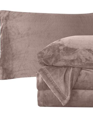 Elegant Comfort Luxuriously Soft 4-Piece Velvet Plush Flannel Sheet Set - Premium Quality - Cozy Warm, Anti-Static, Non Pilling Fuzzy Velvet Flannel Fleece Deep Pocket Sheet Set - King, Taupe