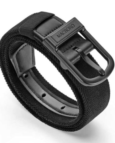 MACBORO Mens Belts Stretchable Stretch Elastic Golf Accessories Hypoallergenic Non Metal Nickel Free Tsa Approved Belt for Men Plastic Buckle Airport Friendly Black Travel Nylon Belt with Leather Tab