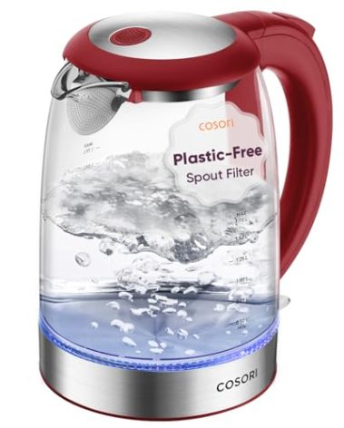 Cosori Electric Kettle, No Plastic Filter & Spout, Tea Kettle & Hot Water Boiler For Coffee & Tea, Water Heater & Teapot, Automatic Shut Off, Borosilicate glass, Red, 1.7L/1500W