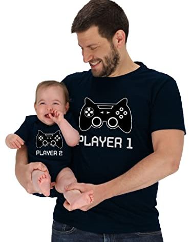 Tstars Gamer Dad and Baby Matching Outfits Player 1 and Player 2 Shirts Fathers Day Outfit Gift for Newborn & Dads Dad Navy X-Large/Baby Navy Newborn (0-3M)