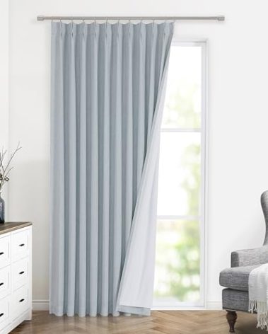 Vision Home Blue Fog Pinch Pleated Full Blackout Curtains Linen Blended Room Darkening Window Curtains 95 inch for Living Room Bedroom Thermal Insulated Pinch Pleat Drapes with Hooks 1 Panel 60"Wx95"L
