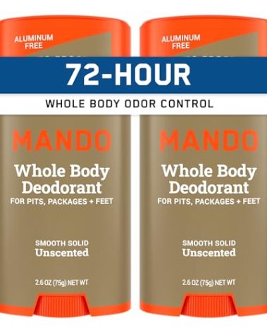Mando Whole Body Deodorant For Men - Smooth Solid Stick - 72 Hour Odor Control - Aluminum Free, Baking Soda Free, Skin Safe - 2.6 Ounce (Pack of 2) - Unscented
