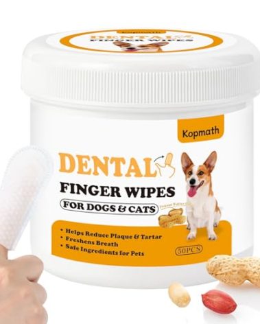 Kopmath Dental Care Finger Wipes for Dogs & Cats, Reduces Plaque & Tartar Freshens Breath, Pre-Soaked Pet Teeth Wipes, Easy to Use Disposable Oral Cleaning Pads, Peanut Flavor