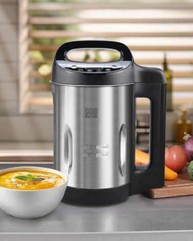 1.6L Soup Maker Machine, Stainless Steel Programmable Soup Maker with Smooth & Chunky Settings, Anti-Dry Burn, Overfill Sensors, and Self-Cleaning Mode for Quick Soups, Baby Food, and Home Use Black