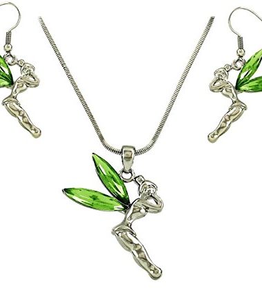 DianaL Boutique Fairy Tinkerbell Pendant Necklace and Earrings Set Green Crystal Tinker Bell Gift Boxed Fashion Jewelry