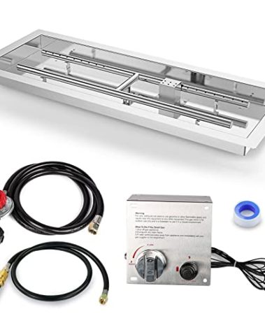 GRISUN Drop-in Fire Pit Kit 36 x 12 Inch, H-Shape Burner with Pan, Comes with Upgraded Spark Ignition Kit for Gas Fire Pit, Fire Pit Table Insert Stainless Steel for Indoor Outdoor Decoration