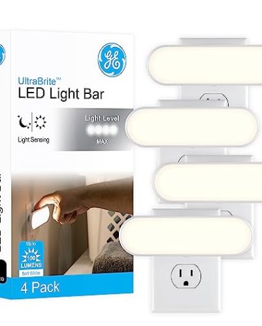 GE Ultrabrite LED Light Bar Night Lights Plug Into Wall Room Decor Ambient Lighting Dusk to Dawn Sensor Bright Nightlight, White, 100 Lumens, 4 Pack