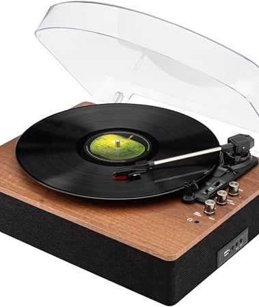 SoundBeast Retro Wooden Turntable with 3 Speed Vinyl Record Player, Built-in Stereo Speakers, Bluetooth, Aux in, USB Playback, & USB Recording to MP3
