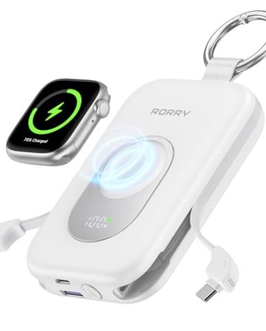 RORRY Portable Charger, 20000mAh PD 30W Portable Charger Power Bank with 2 Built-in Cables, Super Fast Charging Battery Pack with Keychain, Travel Essentials for iPhone, Apple Watch, iPad, White