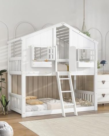 Rovibek House Bunk Bed Twin Over Twin - House Bed Wood Loft Bed for Kids, Girls, Boys, with Stairs, Windows Storage, Guard Rails, Wood Slat Support, No Box Spring Needed, Easy Assembly, White