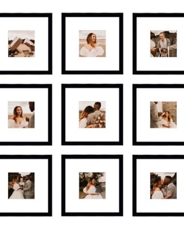 BSRHOME 8x8 Picture Frame Set of 9, Display Pictures 4x4 with Mat or 8x8 without Mat, Multi Collage Gallery Square Photo Frames for Wall or Tabletop, Black