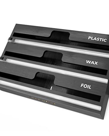 SpaceAid WrapNeat 3 in 1 Wrap Organizer with Cutter and Labels, Plastic Wrap, Aluminum Foil and Wax Bamboo Dispenser for Kitchen Storage Organization Holder for 12" Roll (Black)