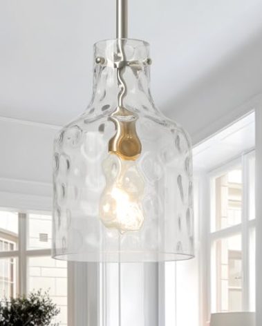 WILON Modern Glass Pendant Lighting for Kitchen Island, Farmhouse Pendant Lights for Dining Room Kitchen Sink, Adjustable Hanging Ceiling Light 7" Hammered Glass Shade, Brushed Nickel Metal Finish