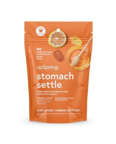 UpSpring Stomach Settle Drops for Occasional Nausea Relief and Morning Sickness with Ginger, Lemon, Spearmint, and B6. Individually Wrapped Drops, 55 Ct(Packaging May Vary)