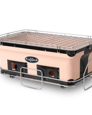 Fire Sense 60450 Yakatori Internal Grates Charcoal Chrome Cooking Grill Japanese Table BBQ Handmade Using Clay Adjustable Ventilation For Outdoor Barbecues Camping Traveling - Large - Tan