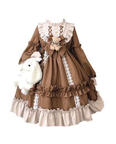 Qusuxi Girls Lolita Princess Dress Kawaii Long Sleeve Chiffon Skirt Cute Girl Dress (Brown)