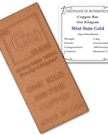 1 Kilo Copper Bar (Flat Style) .999 Pure Bullion with Periodic Table Element Design (1 kg) by Mint State Gold