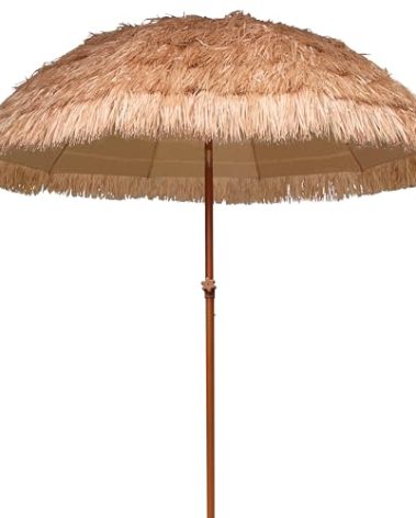 AMMSUN 7.5ft Hula Thatched Tiki Patio Beach Umbrella Hawaiian Style 10 Ribs UPF 50+ with Tilt Carry Bag for Outdoor Tiki Bar, Tropical Palapa, Patio Garden Beach Pool Backyard Natural Color