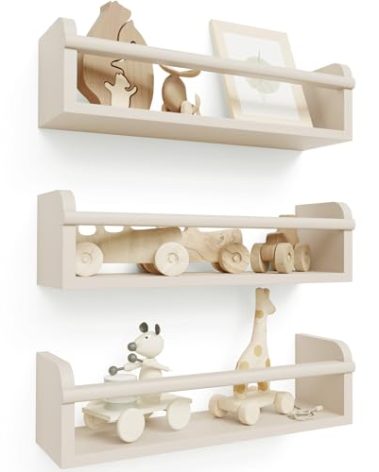 Decorative Nursery Bookshelves for Kids - Set of 3 Easy to Install Floating Shelves for Wall Mount - Beautiful Hanging Organizer Furniture for Your Baby Boy or Girl's Bedroom and Play Room Decor