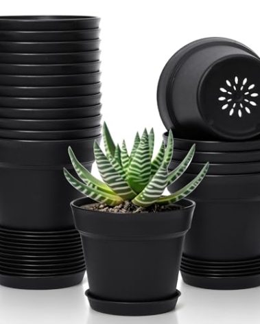 T4U Flower Pots 18-Pack, 5 Inch Plant Pot with Saucer and Drainage Hole, Durable Plastic Flower Pots, Small Pots for Plants, Violet, Succulent and Indoor Plant Decorative (18 Pack 5" Pot, Black)