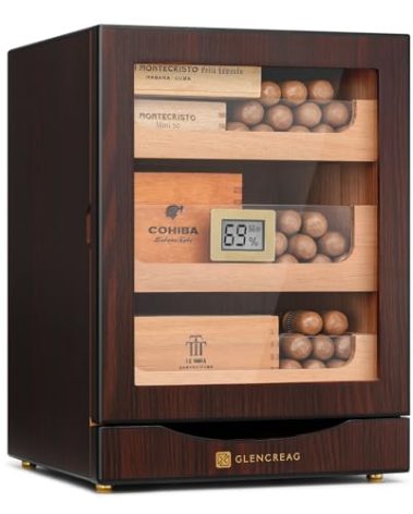 GLENCREAG MET-1031 Cigar Humidor Cabinet for 150 Cigars – Spanish Cedar Lining, Digital Hygrometer, Magnetic Seal, 3 Drawers + Accessory Storage – Gift for Cigar Aficionados