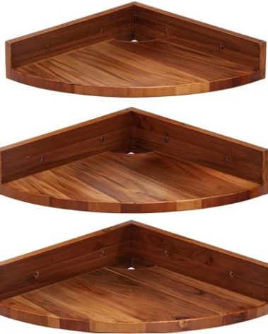 Demigo Corner Shelf Wall Mount Set of 3, Solid Acacia Wood Round Floating Corner Shelves for Storage and Display, Hanging Wood Shelves for Bedroom, Kitchen, Living Room, Bathroom (Brown)
