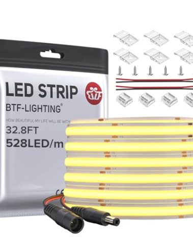 BTF-LIGHTING FCOB COB LED Strip 528LED/m Flexible High Density Uniform Light 14W/m 32.8FT DC24V Natural White 4000K CRI 90+ 10mm Width for Home Indoor Decor(No Adapter or Controller)