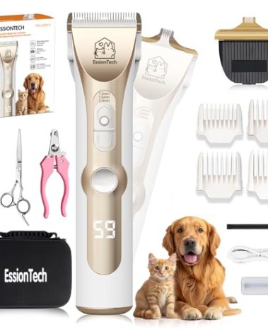 EssionTech Dog Hair Clippers for Grooming Kit at Home Paw Trimmer Pet Grooming Clippers for Dog Professional Thick Hair Low Noise Cordless Pet Tools for Small & Large Dogs Cats (2in1)