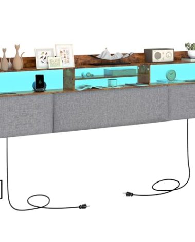 Livofloral King Size Upholstered Headboard with 2 Outlets and LED Lights, King Bed Headboard with Charging Station & Storage Shelves, King Headboard Only, Height Adjustable, Easy Assembly, Brown