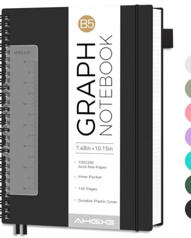 AHGXG Graph Paper Notebook - Spiral Notebook Journal 7.6" x 10", B5 Large Graph Notebook, 140 Pages, 100 gsm Thick Grid Paper, Waterproof Plastic Cover, for School Writing Engineering, Black