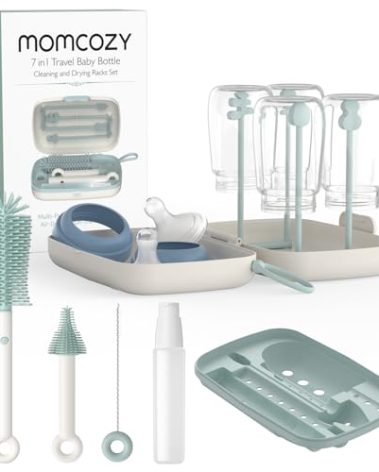 Momcozy Bottle Brush Set - Baby Bottle Cleaner Kit with Silicone Brush, Nipple Brush, Straw Brush, Soap Dispenser, Drying Rack - 7 in 1 Bottle Cleaning Tool for Home and Travel, Green