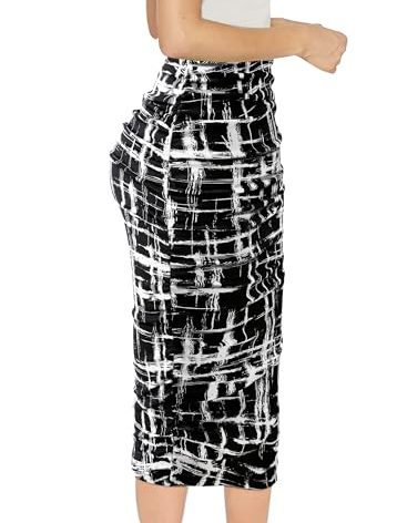 VFSHOW Womens Black and White Geometric Print Ruched Ruffle High Waist Casual Wok Office Party Pencil Midi Mid-Calf Skirt 3272 BLK XS