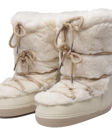 ZHENAIYISHENG Faux Fur Boots for Women - Fuzzy Fluffy Furry Water Resistant Snow Boots for Women - Anti-Slip with Cotton Sponge Lined and TPR Rubber Sole Black White Fur Boots beige 8 9