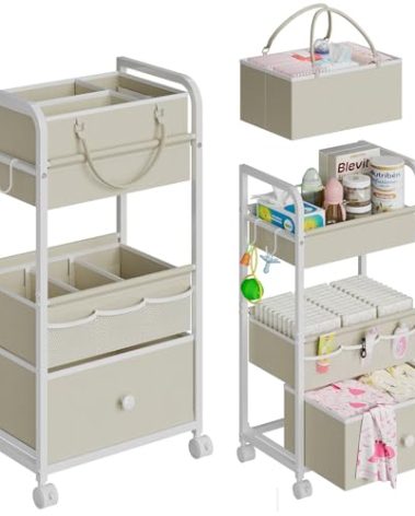 Cidaziya 2In1 Baby Diaper Caddy Organizer and Storage, 3 Tier Rolling Cart with Drawer, Detachable Dividers, Mobile Utility Cart Baby Dresser Clothes Organizer for Crib, Bedroom, Art & Craft Storage