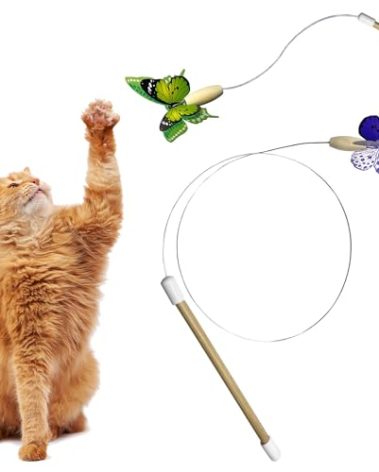 Butterfly Bouncer - Butterfly on Wire Bounces to Mimic a Real Butterfly's Flight - Interactive Cat Toy - Cats/Kittens Play Catch Chase Exercise-Comfortable Bamboo Handle-Stocking Stuffer-Made in USA