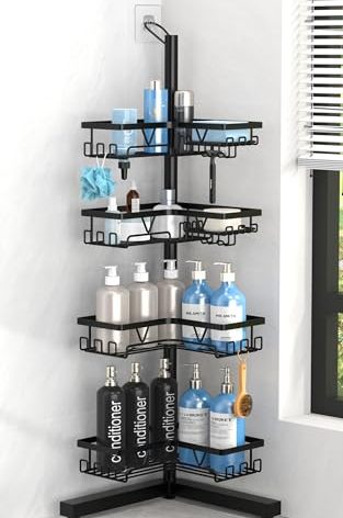 KEGII Floor Corner Shower Caddy Standing, Rustproof 4-Tier Shower Shelf Organizer with Hooks & Soap Holder, Free-Standing Bathroom Storage Rack for Shampoo & Toiletries, Black